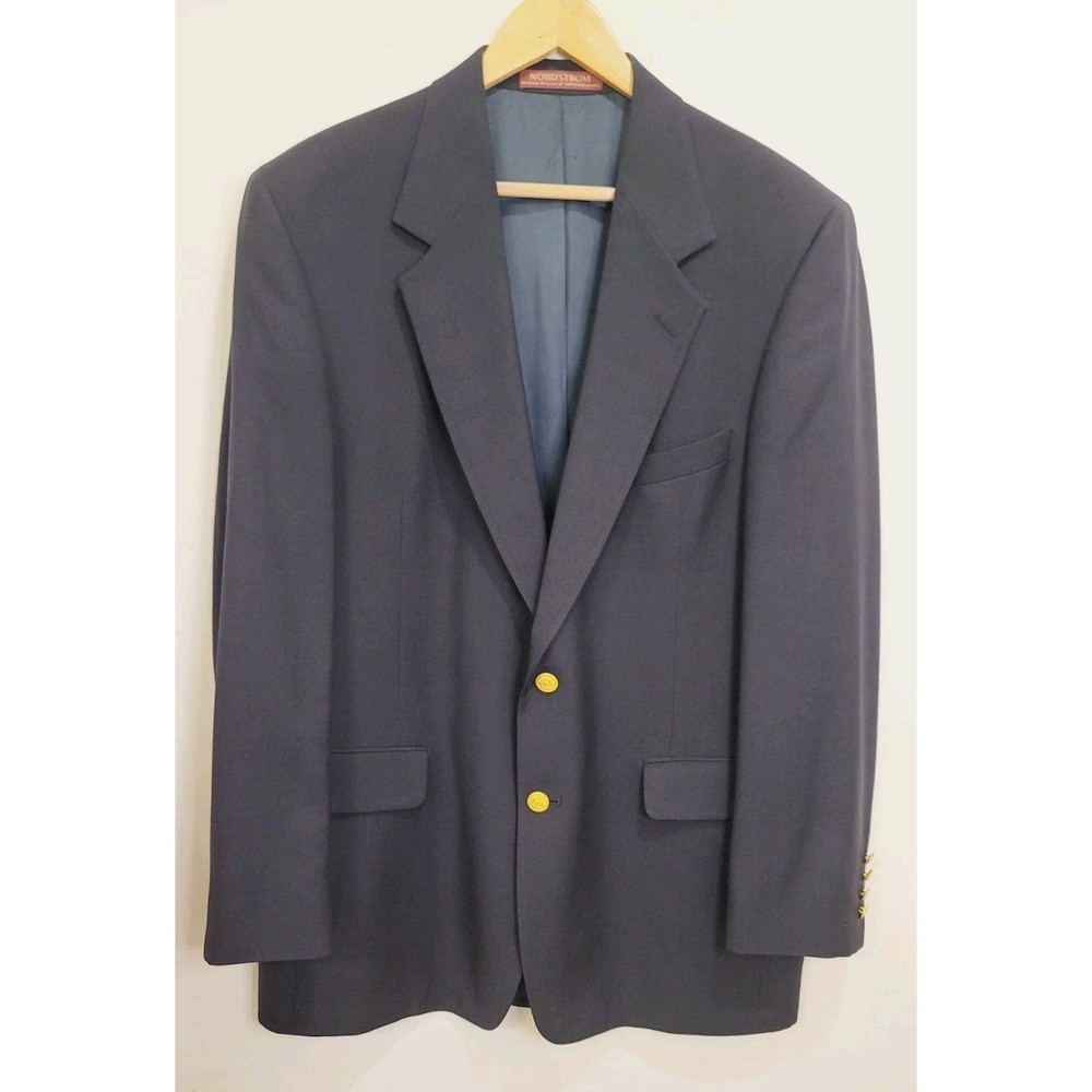 Vintage Nordstrom Mens Blazer Sport Coat Gold Button Jacket Size 44L Wool Navy